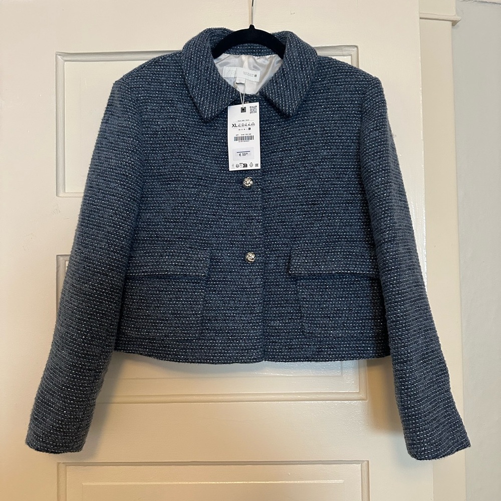 Zara NWT Blue Tweed Boucle Jacket Size XL
